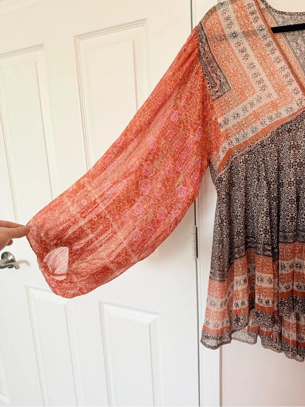 Free People Boho V-Neck Peasant Blouse in Rust and Brown